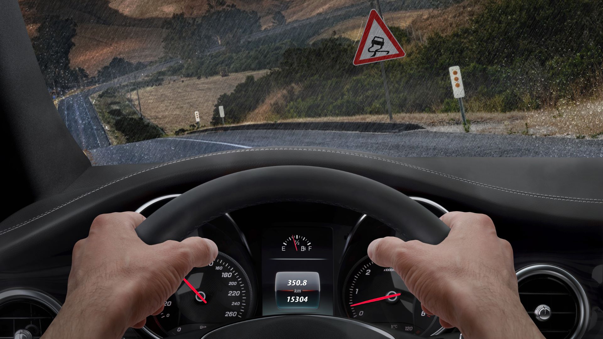 a man driving a car on a country road.