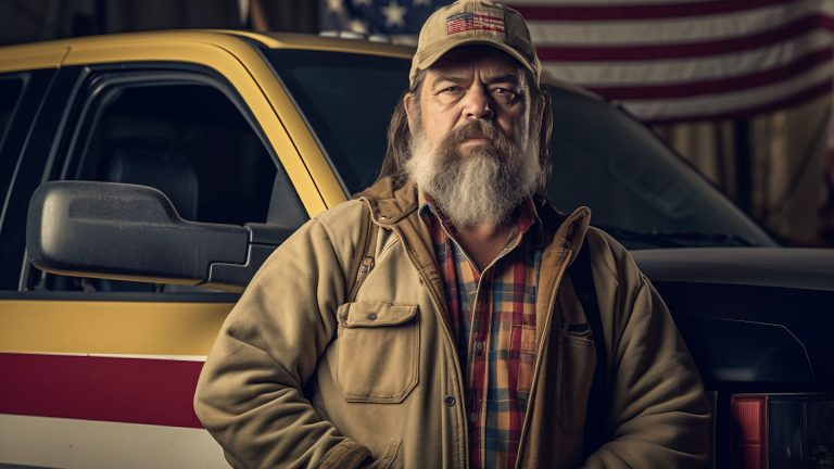 a man standing next to a truck with an american flag in the background.