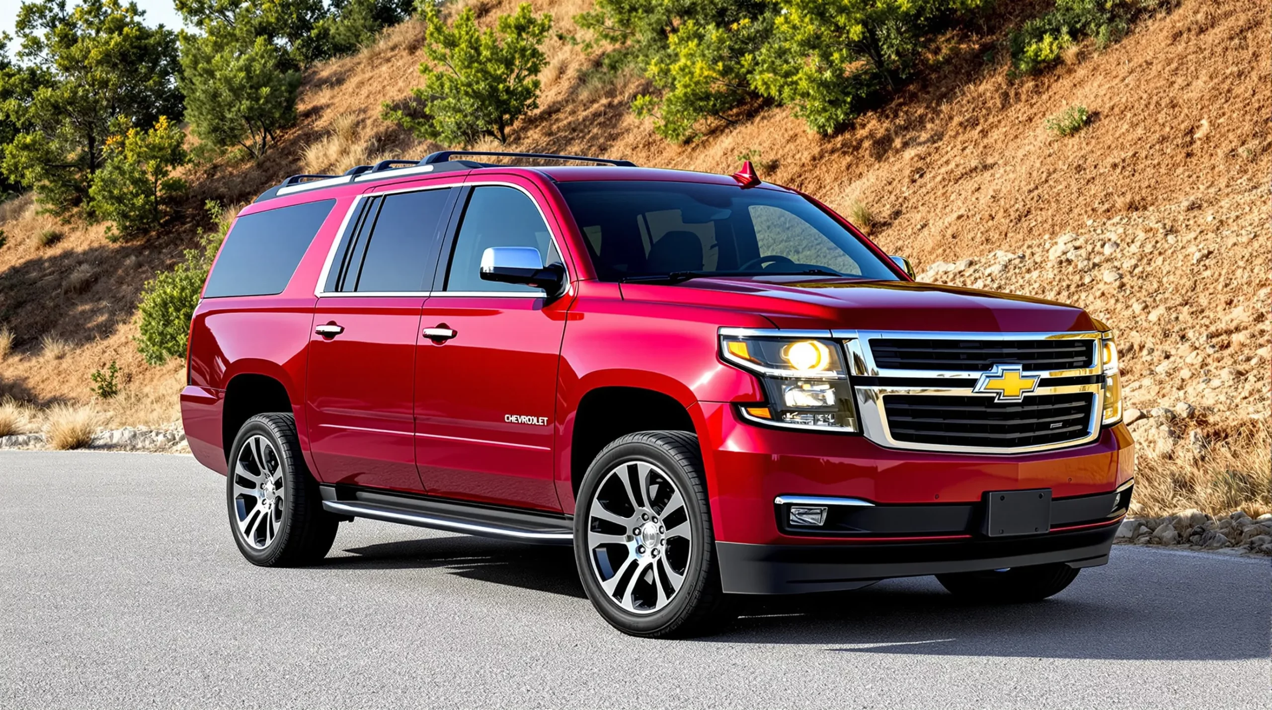 A red Chevrolet Suburban SUV parked on a paved road beside a hill with dry grass and scattered green bushes under a clear sky.