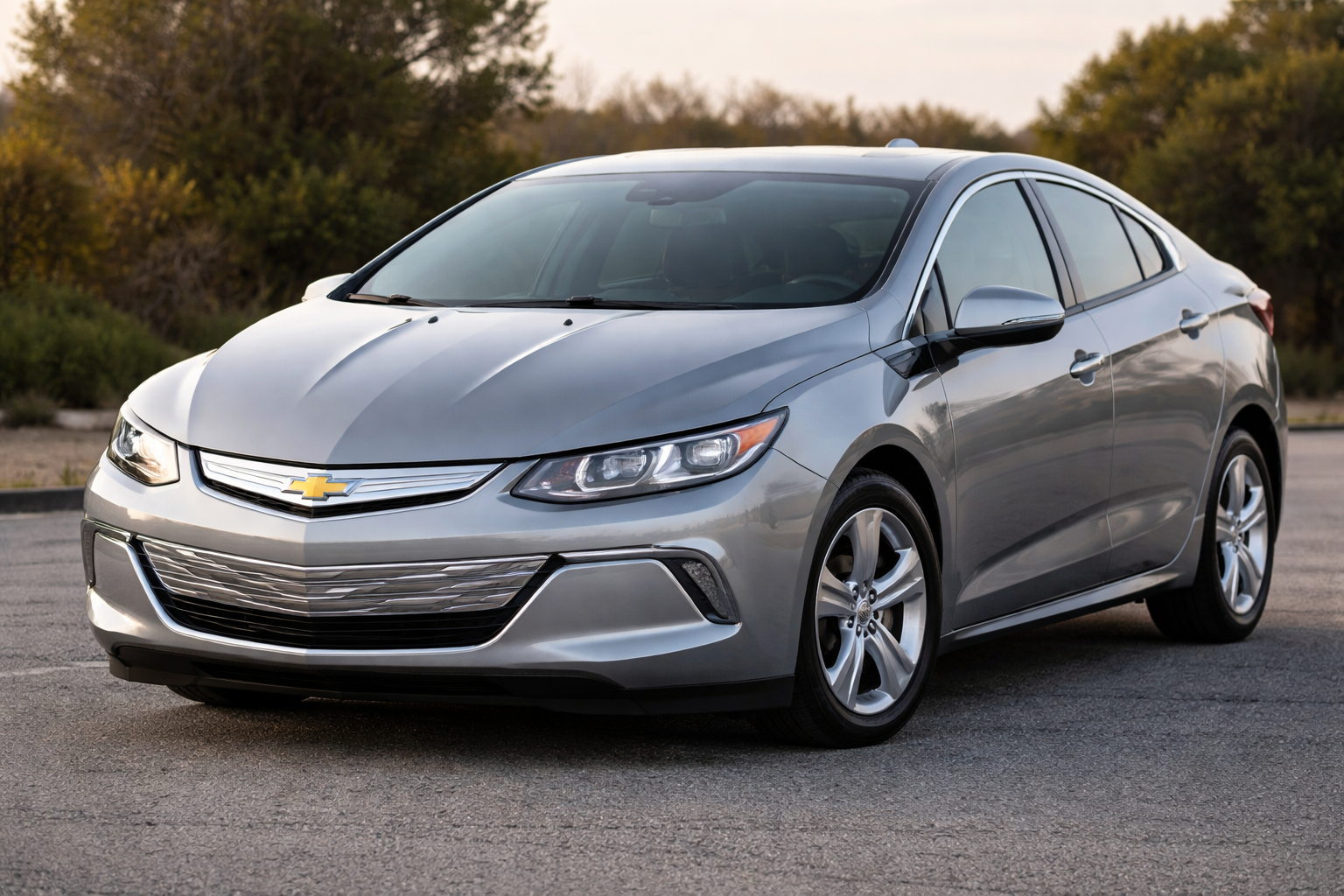 A silver Chevy Volt sedan parked on a paved surface with trees and bushes in the background. If you're shopping for used models, be sure to research Chevy Volt years to avoid for the best experience.