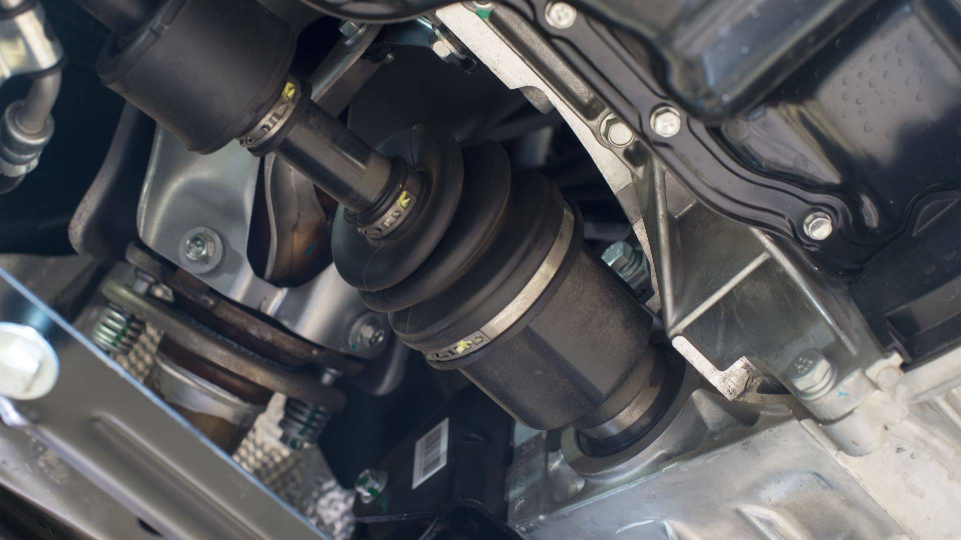 a close up of a car's front suspension.
