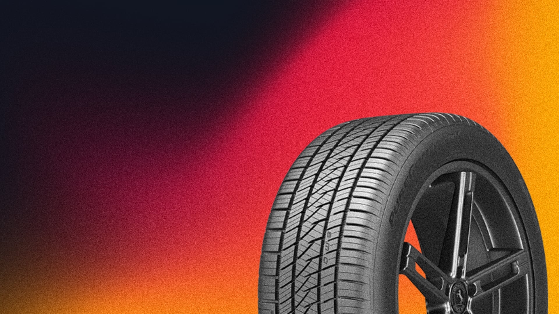 a car tire with a red and yellow background.