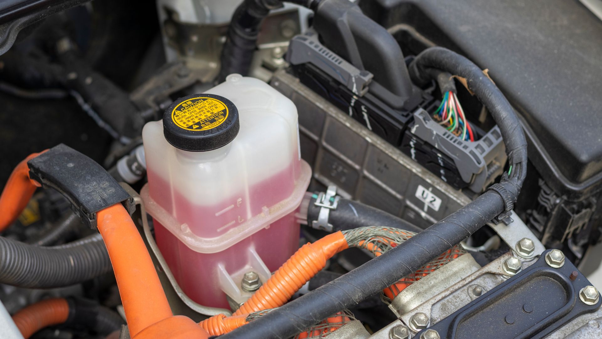 the engine compartment of a car with a fuel can.