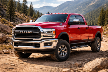 A red Ram 2500 pickup truck is parked on a rocky dirt road in a mountainous, forested area under a partly cloudy sky—ideal for adventure, but make sure to check which Dodge Ram 2500 years to avoid before your next trip.