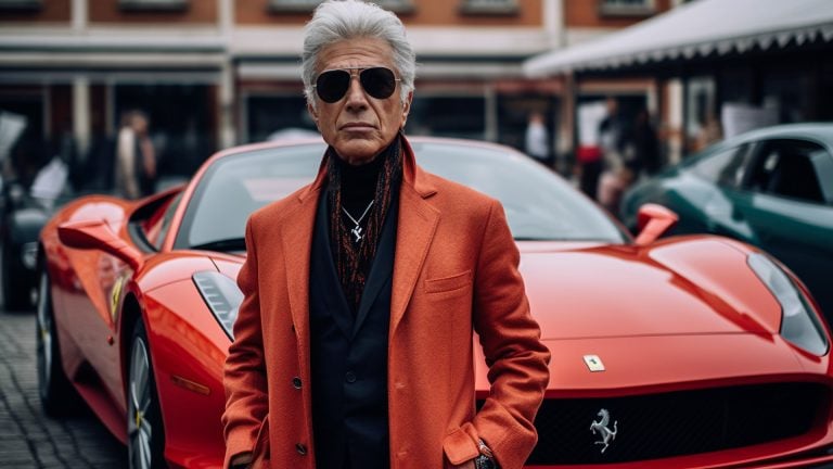 a man standing next to a red sports car.
