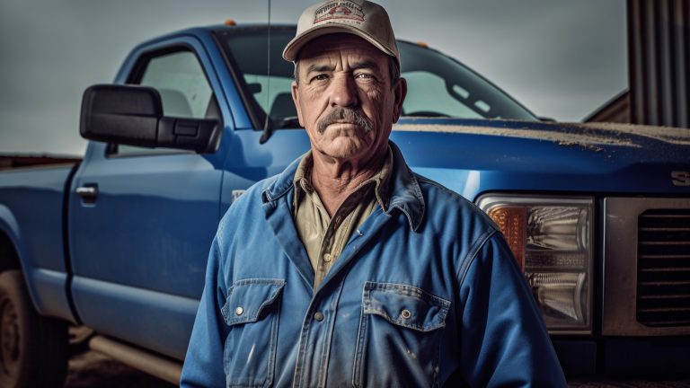 a man standing in front of a blue truck.