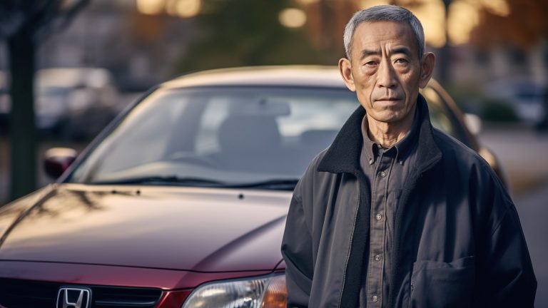 a man standing next to a red car.