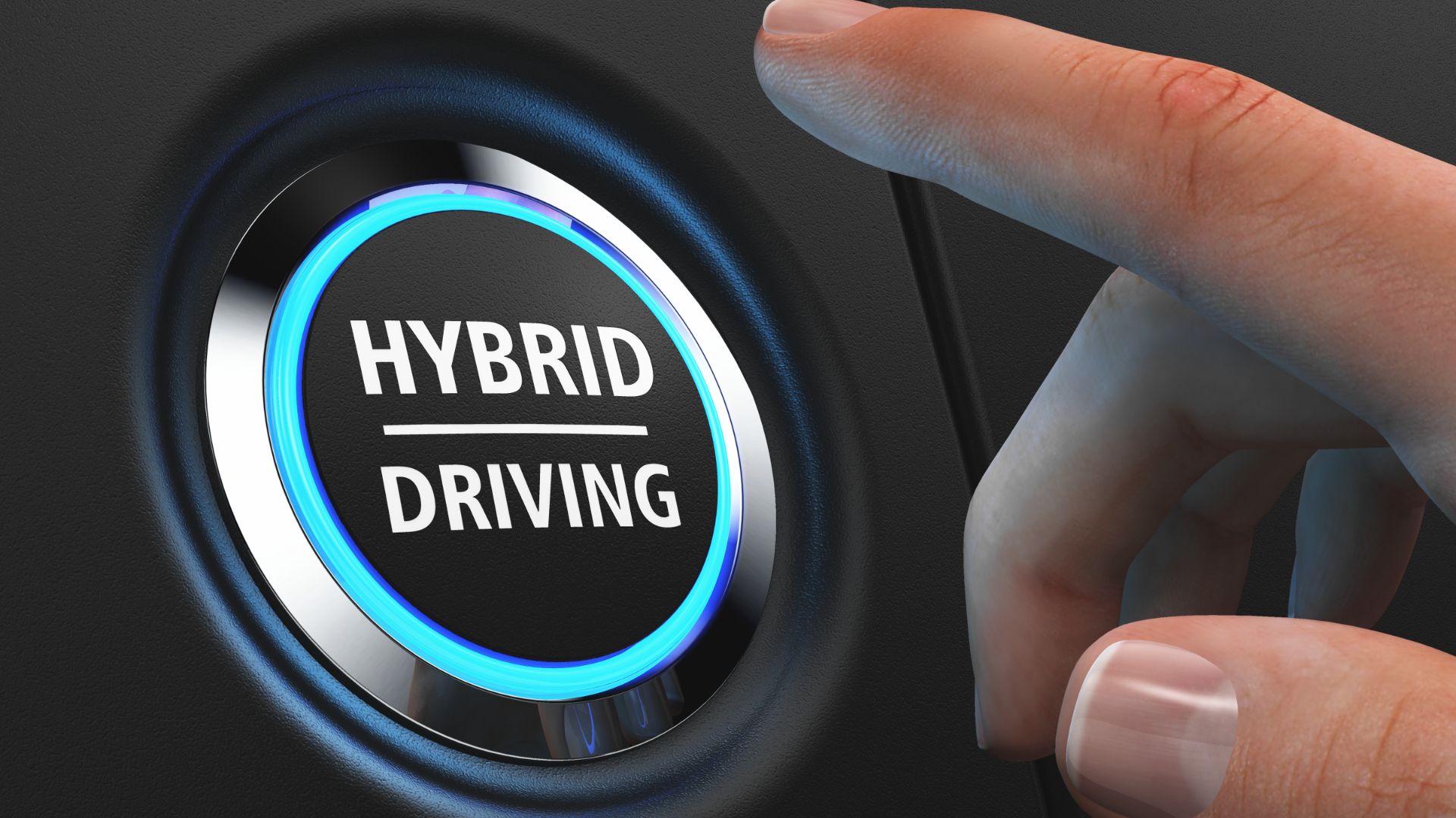 a hand pushing a button that says hybrid driving.