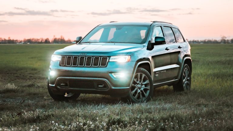 a jeep is parked in a grassy field.