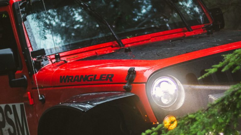 a red jeep is parked next to a tree.