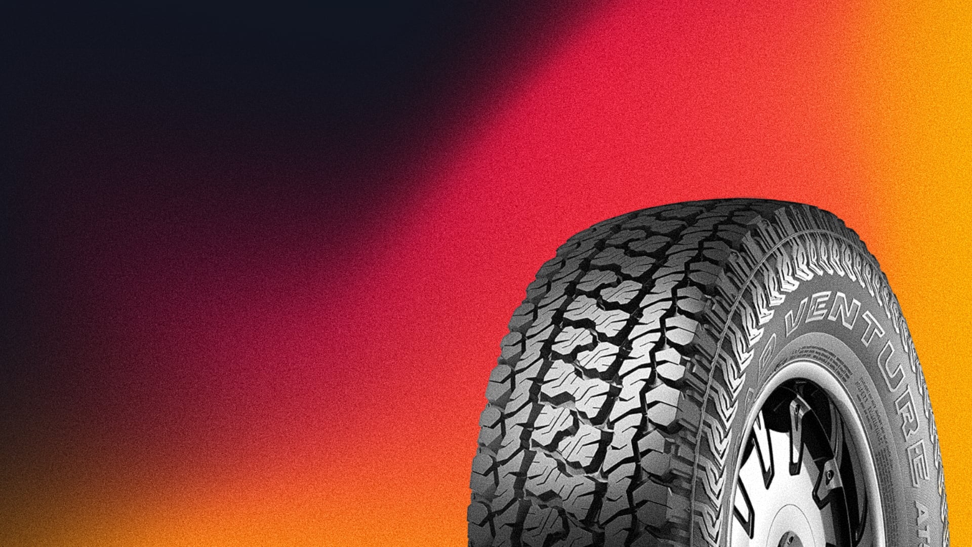 a tire on a yellow and red background.