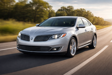 A silver Lincoln MKS drives on a paved road lined with trees under a partly cloudy sky.