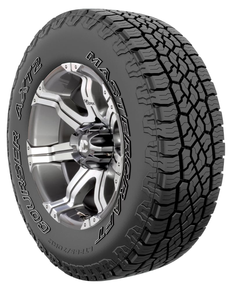 an all terrain tire on a white background.