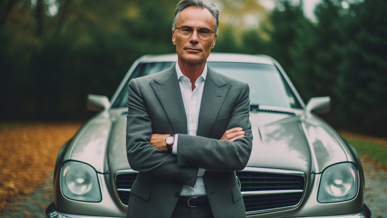 a man standing in front of a car with his arms crossed.