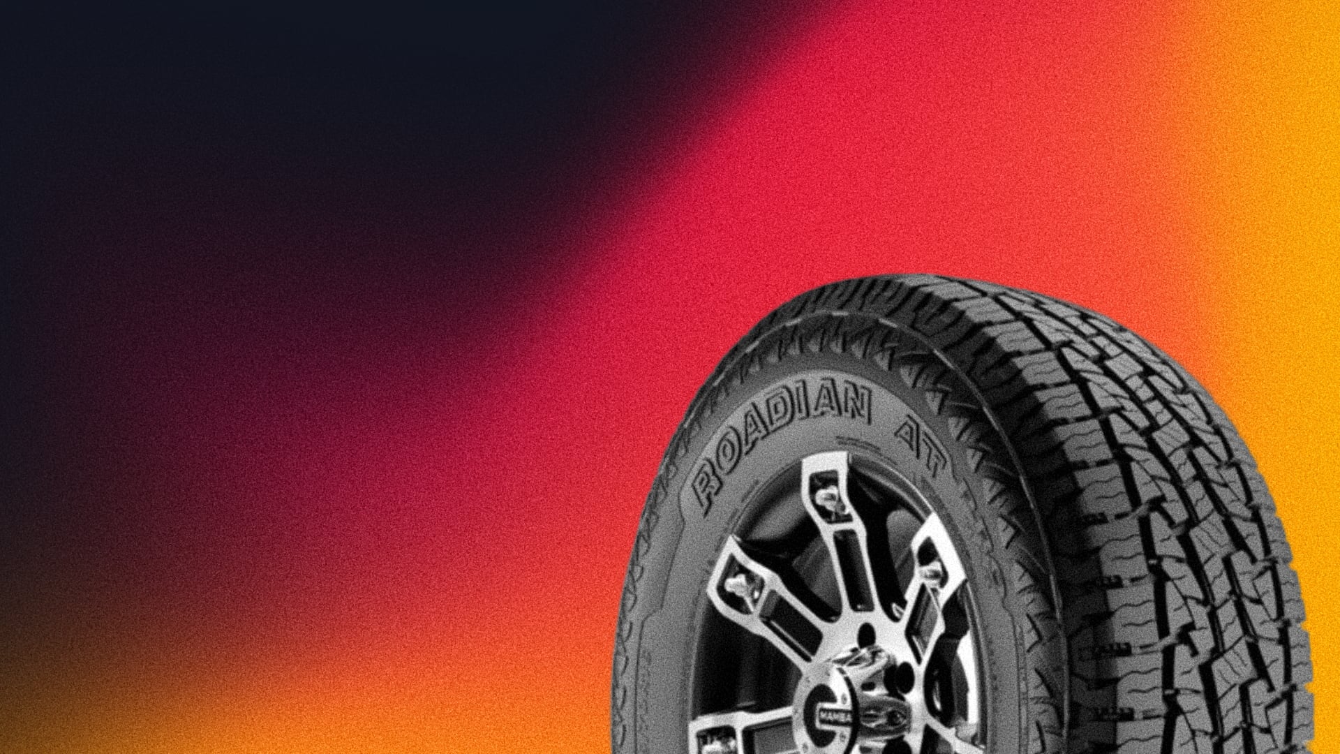 a tire on a multicolored background.