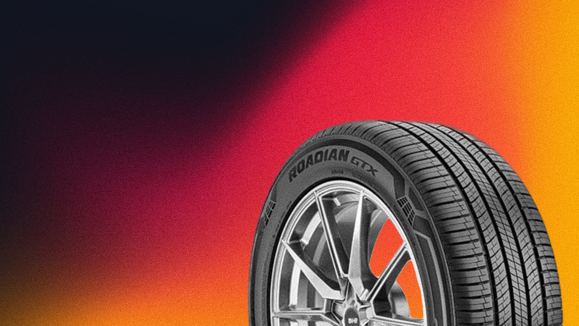 a car tire with a red and yellow background.