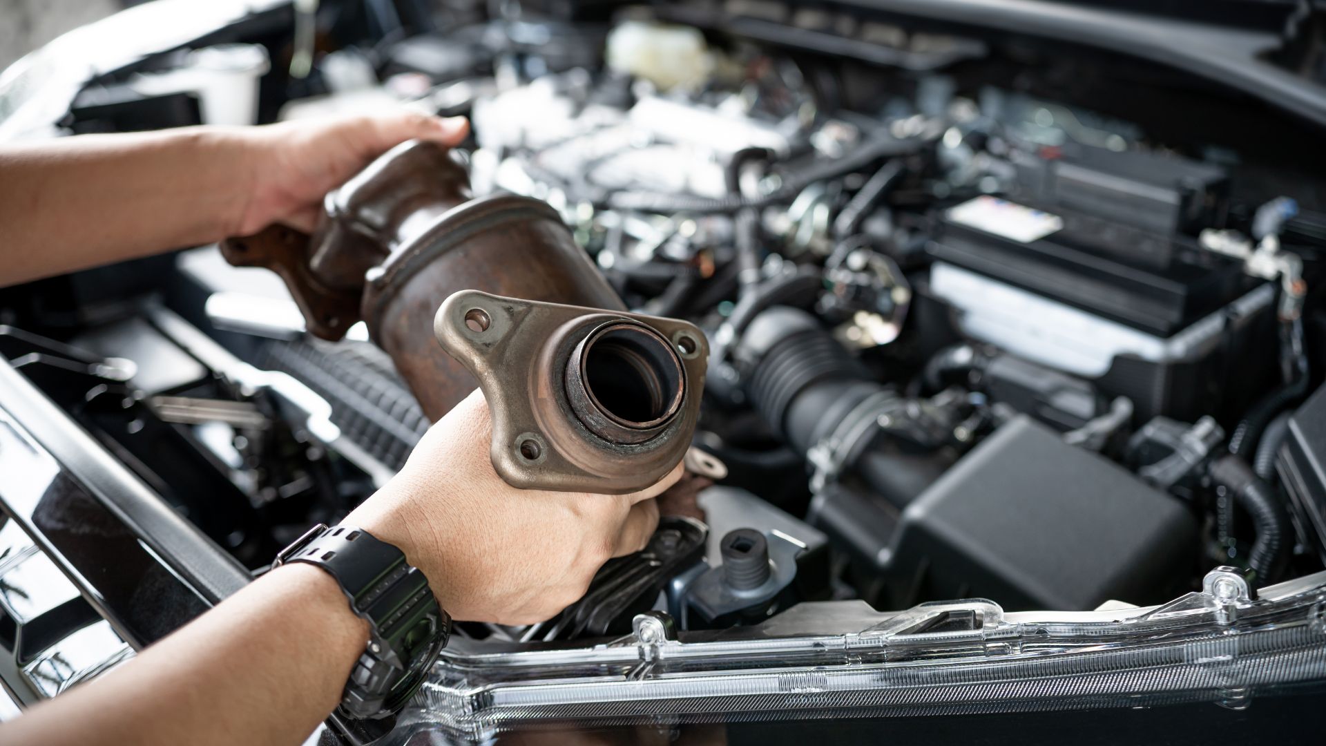 a man is working on a car engine.