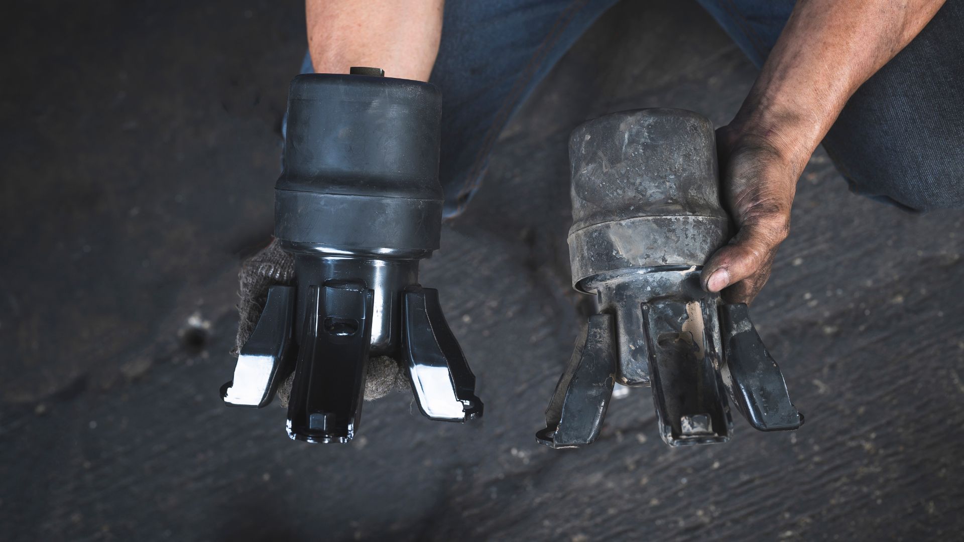 a man holding a pair of black gloves on his hands.