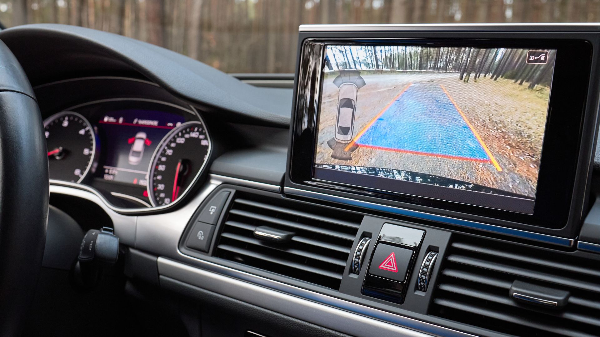 a car dashboard with a monitor showing a basketball court.