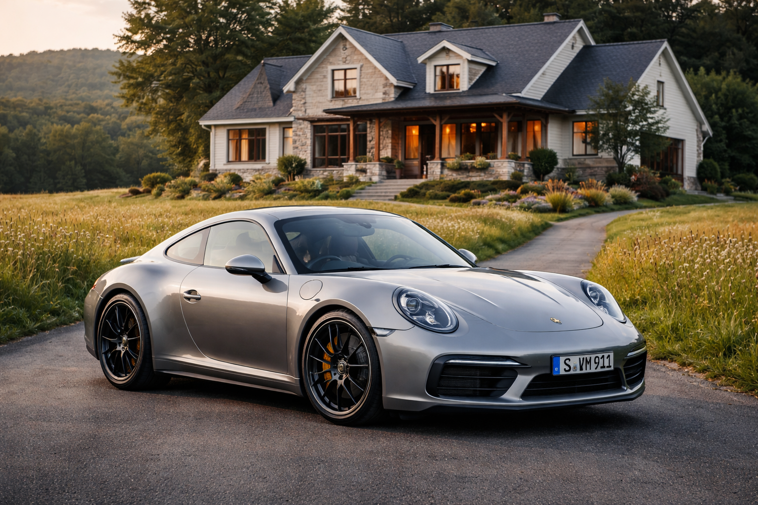 A silver Porsche 911 is parked on a driveway in front of a large modern house with a stone facade, surrounded by grass and trees—a dream scene for any car enthusiast, but always research the Porsche 911 years to avoid before buying.