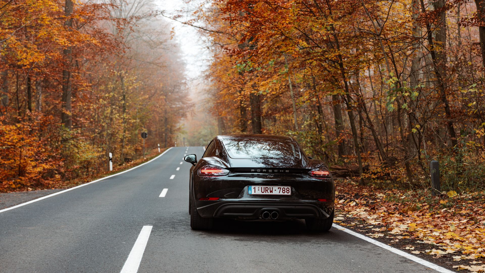 a black car driving down a road surrounded by trees.