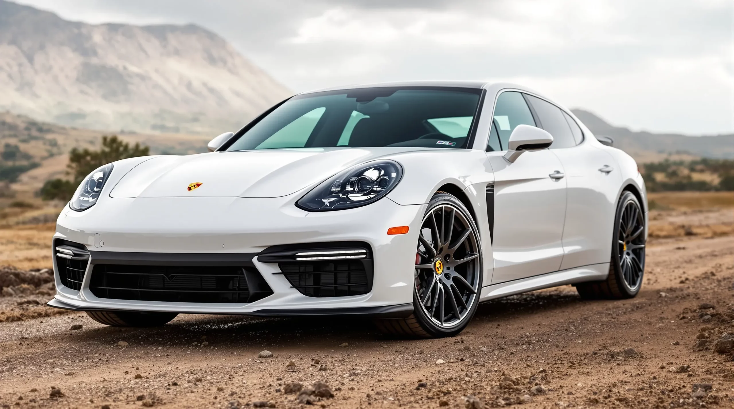 A white Porsche Panamera parked on a dirt road with mountains in the background under a cloudy sky.