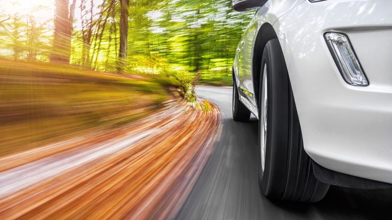 a white car driving down a forest road.