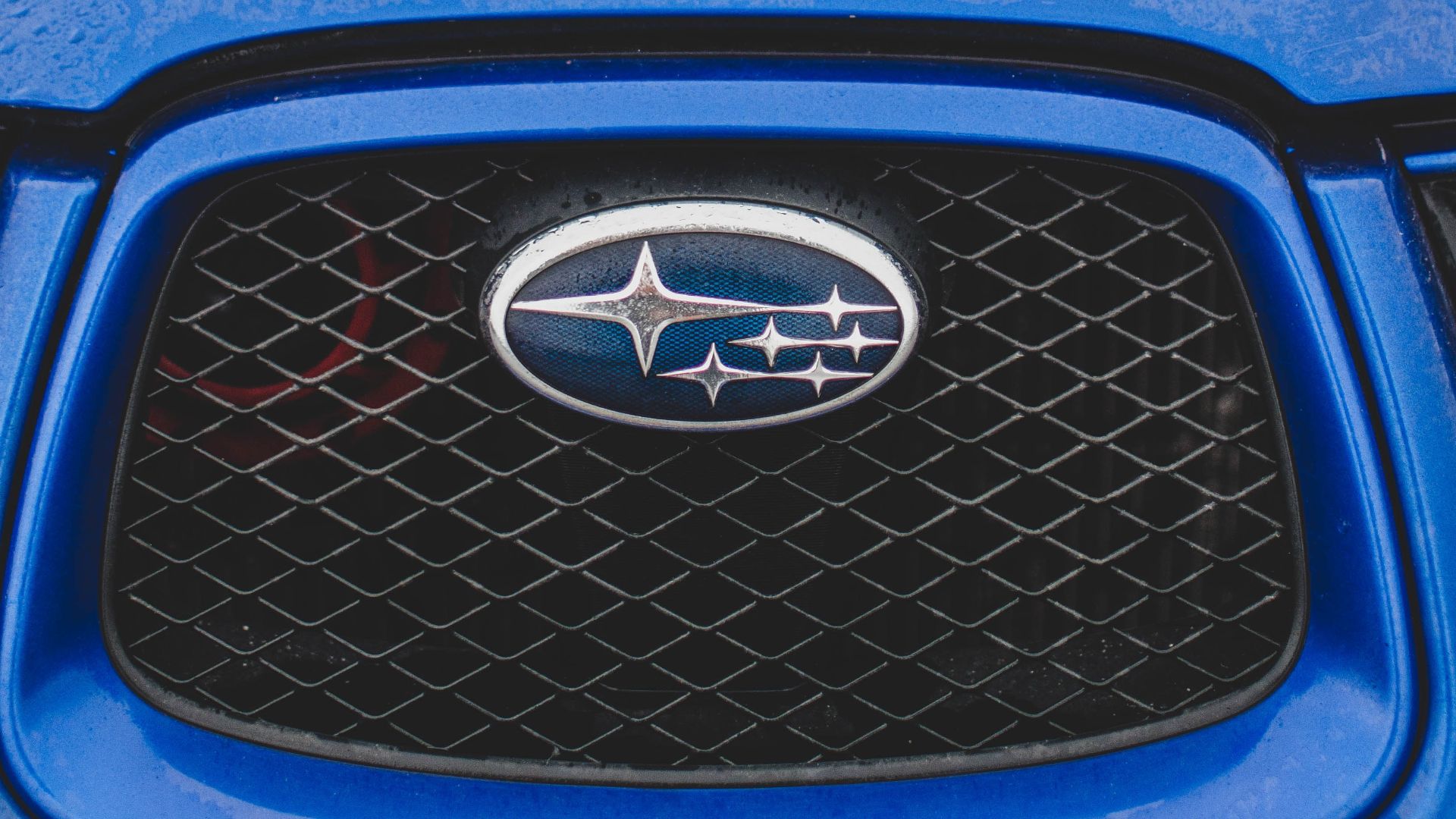 a close up of the emblem on a blue car.