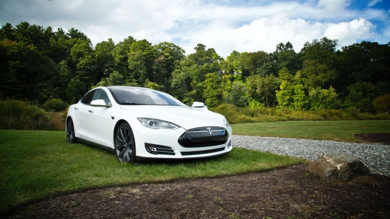 a white car parked on top of a lush green field.