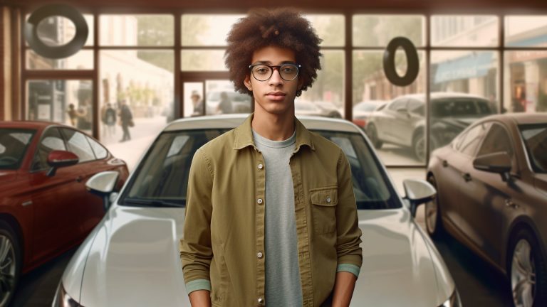 a man standing in front of a bunch of parked cars.