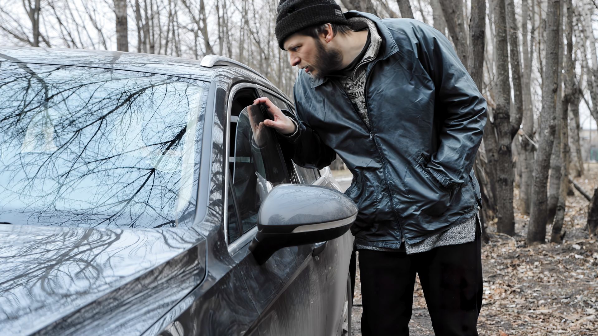 a man looking out of a car window.