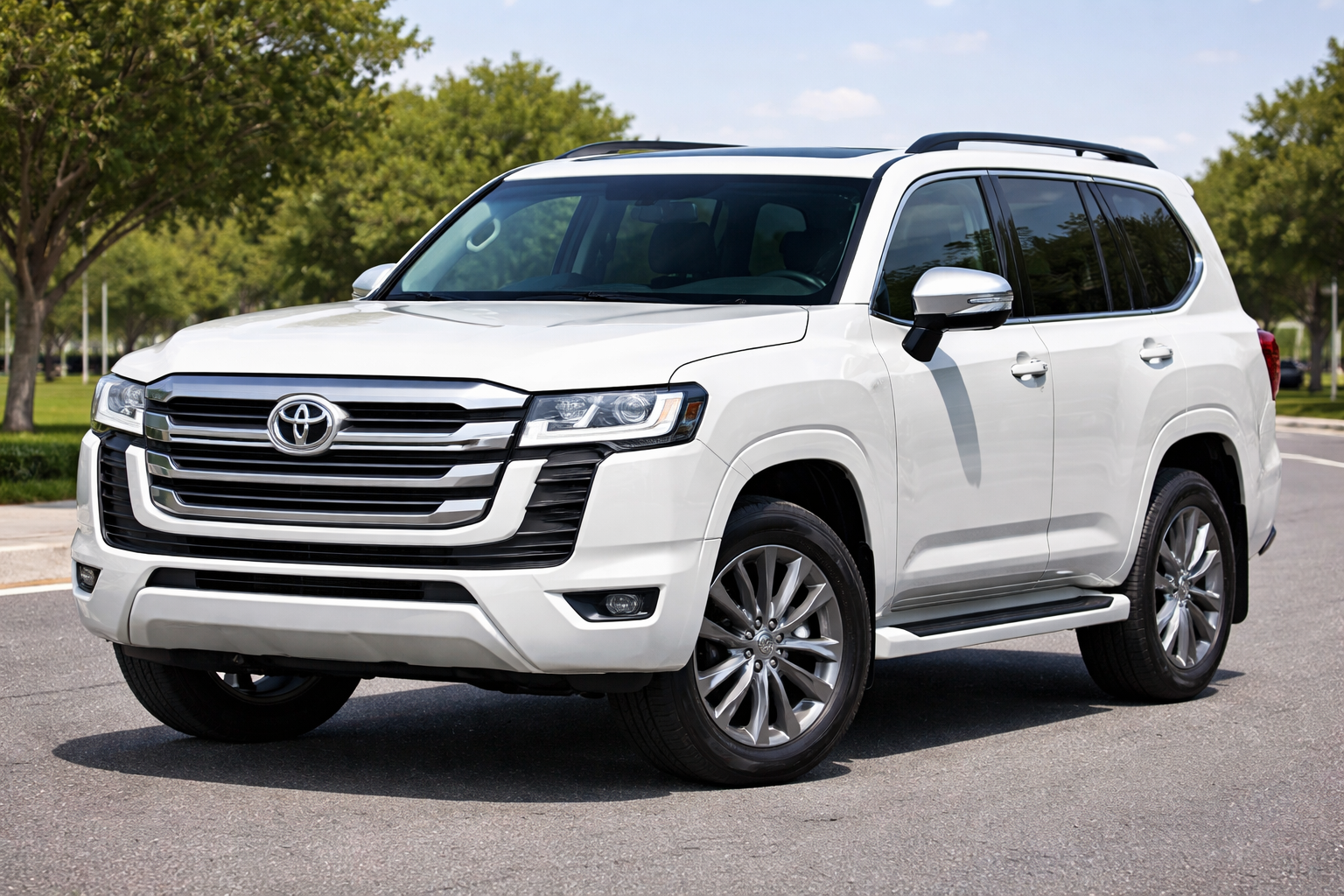 A white Toyota Land Cruiser SUV, one of the models from the Toyota Land Cruiser years to avoid, is parked on a street bordered by trees and grass on a clear day.