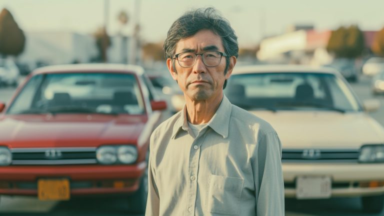 a man standing in front of a row of parked cars.