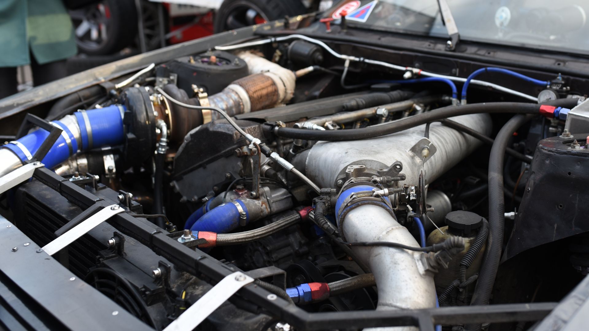 the engine compartment of a car is shown.