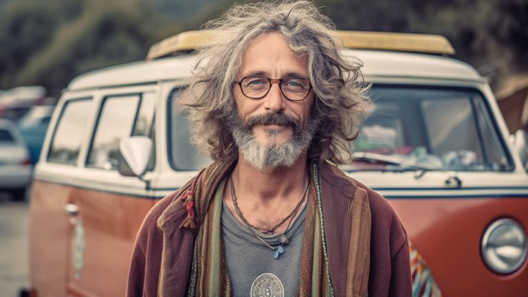 a man with a beard and glasses standing in front of a van.